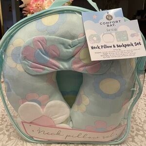 Brand New- Comfort Bay Kids Floral Neck Pillow & Backpack Set - Mint and Pastel